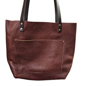 Brown Leather Tote Bag with Front Pocket - Unbranded